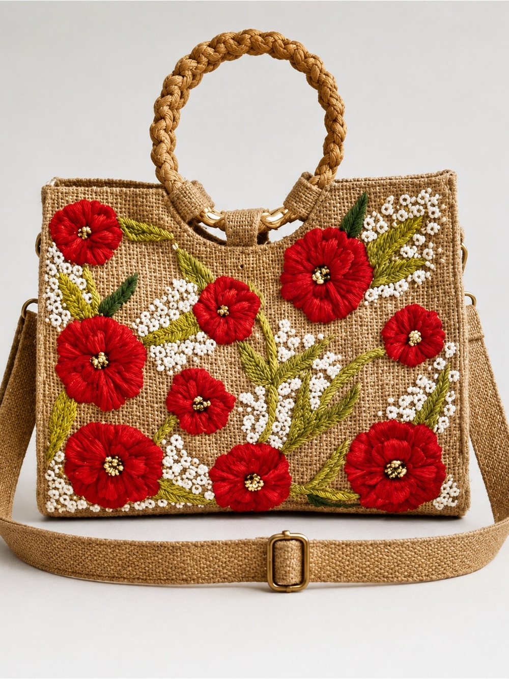 Floral Beaded Jute Shoulder Bag